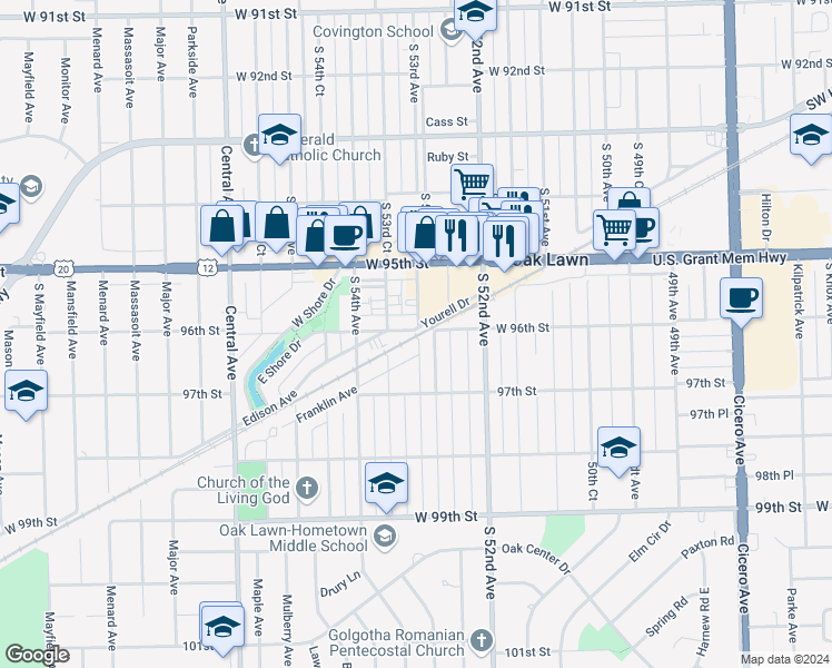 map of restaurants, bars, coffee shops, grocery stores, and more near 9607 53rd Avenue in Oak Lawn