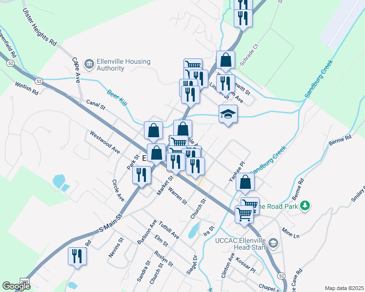 map of restaurants, bars, coffee shops, grocery stores, and more near Liberty Street in Ellenville