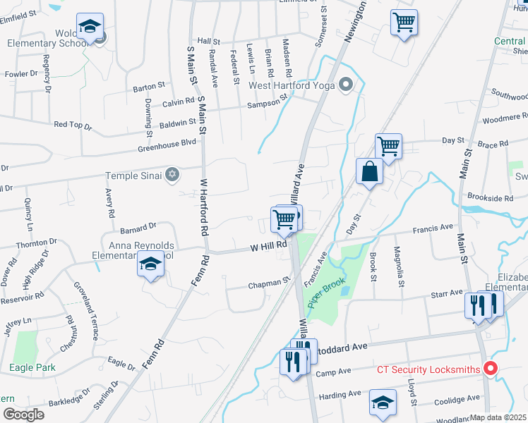 map of restaurants, bars, coffee shops, grocery stores, and more near 36 Surrey Drive in Newington