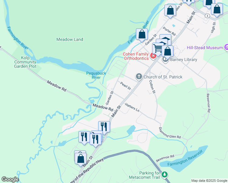 map of restaurants, bars, coffee shops, grocery stores, and more near 188 Garden Street in Farmington