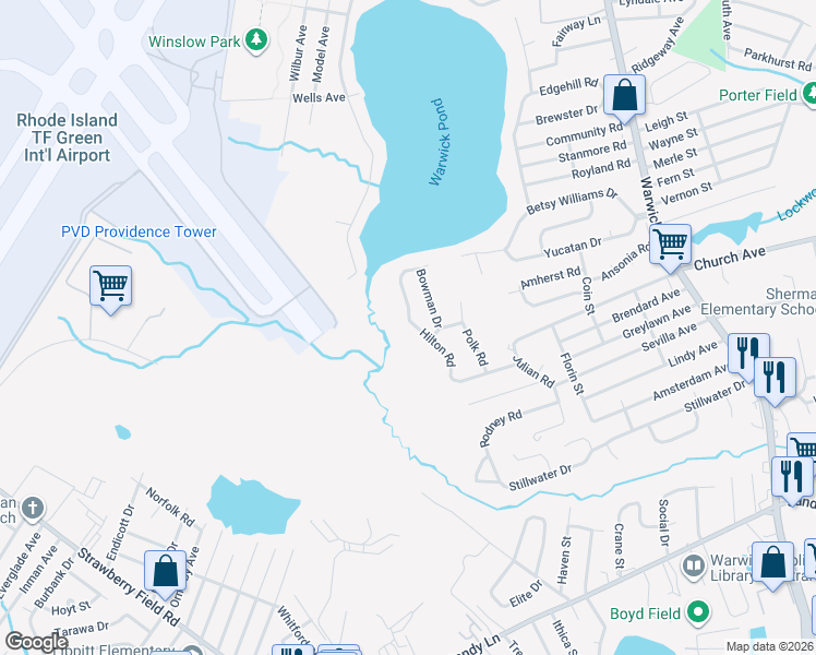 map of restaurants, bars, coffee shops, grocery stores, and more near 150 Hilton Road in Warwick