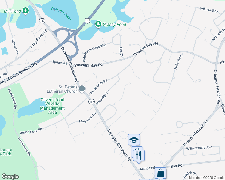 map of restaurants, bars, coffee shops, grocery stores, and more near 35 Partridge Ln in Harwich