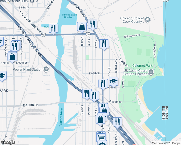 map of restaurants, bars, coffee shops, grocery stores, and more near 9751 South Avenue M in Chicago