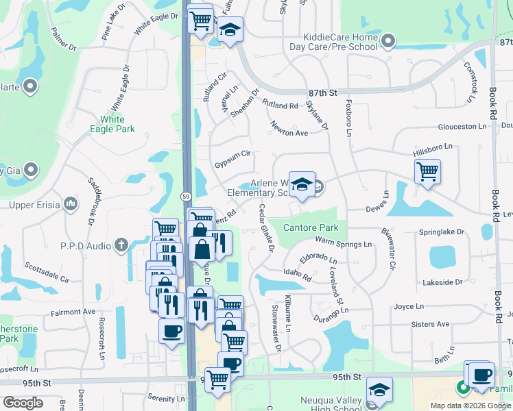 map of restaurants, bars, coffee shops, grocery stores, and more near 2603 Cedar Glade Road in Naperville