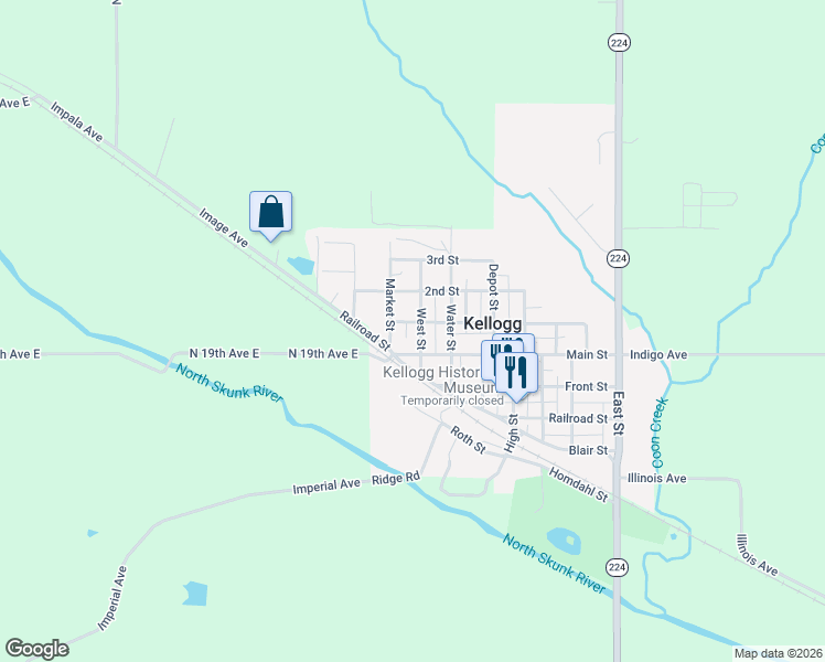 map of restaurants, bars, coffee shops, grocery stores, and more near 416 Market Street in Kellogg