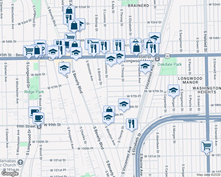 map of restaurants, bars, coffee shops, grocery stores, and more near 1345 West 97th Street in Chicago