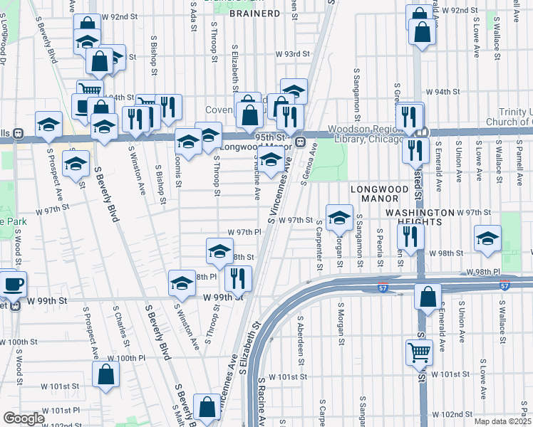 map of restaurants, bars, coffee shops, grocery stores, and more near 9714 South Vincennes Avenue in Chicago