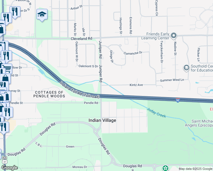 map of restaurants, bars, coffee shops, grocery stores, and more near 18901 Kintz Avenue in South Bend