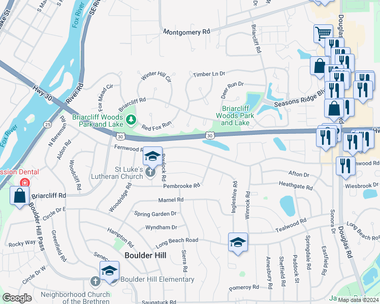 map of restaurants, bars, coffee shops, grocery stores, and more near 93 Fernwood Road in Montgomery