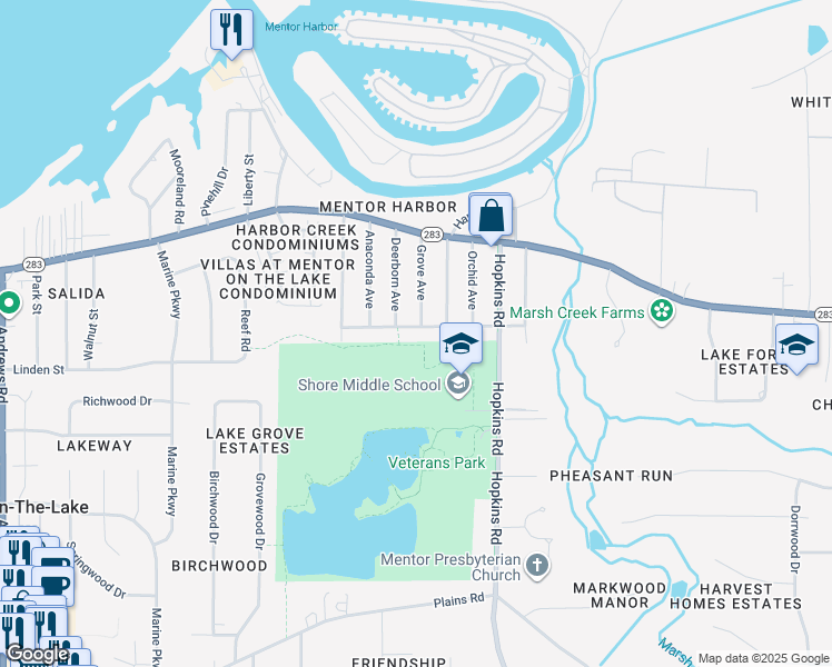 map of restaurants, bars, coffee shops, grocery stores, and more near 8216 Rushton Drive in Mentor