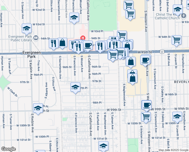 map of restaurants, bars, coffee shops, grocery stores, and more near 9637 South California Avenue in Evergreen Park