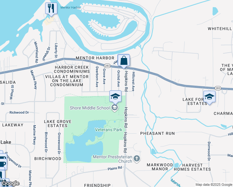 map of restaurants, bars, coffee shops, grocery stores, and more near 8266 Rushton Drive in Mentor