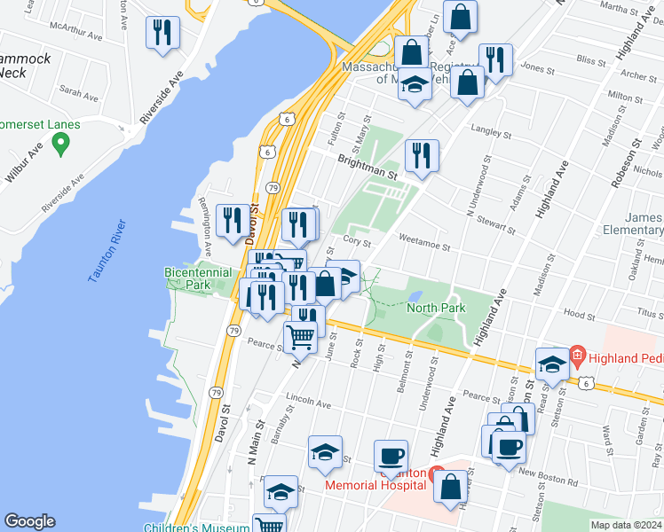 map of restaurants, bars, coffee shops, grocery stores, and more near 55 Almy Street in Fall River