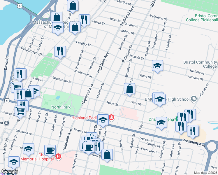 map of restaurants, bars, coffee shops, grocery stores, and more near 1340 Robeson Street in Fall River