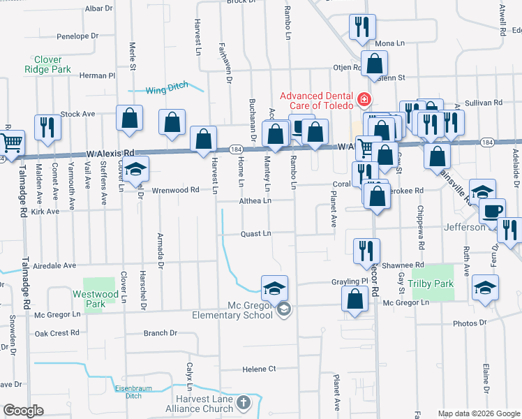 map of restaurants, bars, coffee shops, grocery stores, and more near 5643 Mantey Lane in Toledo
