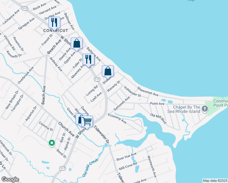 map of restaurants, bars, coffee shops, grocery stores, and more near 39 Chesterfield Avenue in Warwick