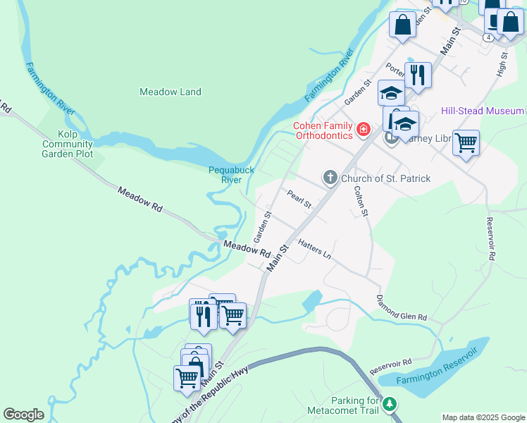 map of restaurants, bars, coffee shops, grocery stores, and more near 188 Garden Street in Farmington