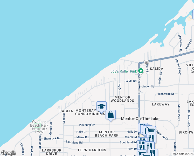 map of restaurants, bars, coffee shops, grocery stores, and more near 7597 Salida Road in Mentor
