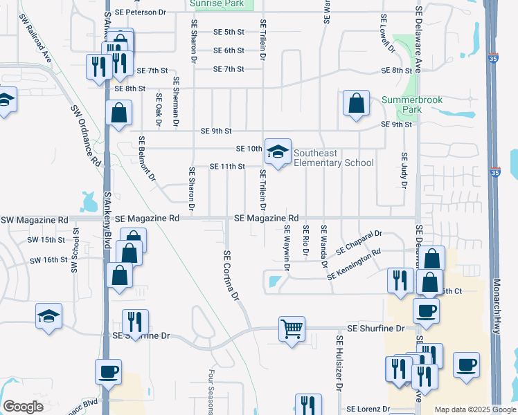 map of restaurants, bars, coffee shops, grocery stores, and more near 1306 Southeast Trilein Drive in Ankeny