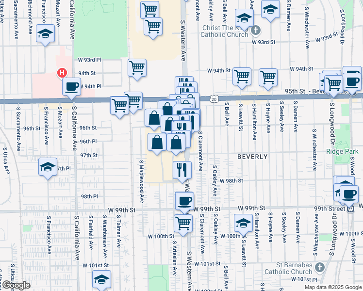 map of restaurants, bars, coffee shops, grocery stores, and more near 9642 South Western Avenue in Evergreen Park