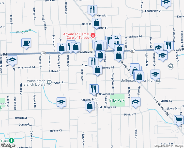 map of restaurants, bars, coffee shops, grocery stores, and more near 5633 Secor Road in Toledo