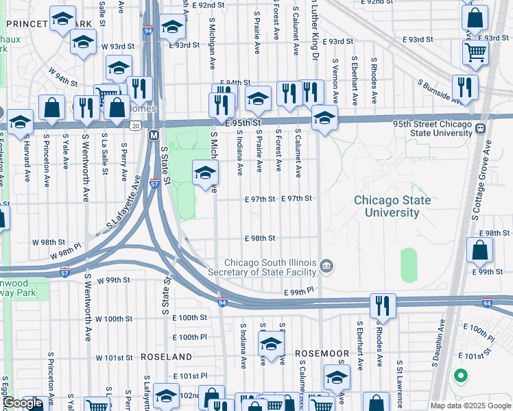 map of restaurants, bars, coffee shops, grocery stores, and more near 9706 South Prairie Avenue in Chicago