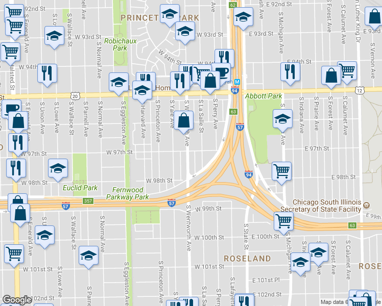map of restaurants, bars, coffee shops, grocery stores, and more near 9701 South Wentworth Avenue in Chicago