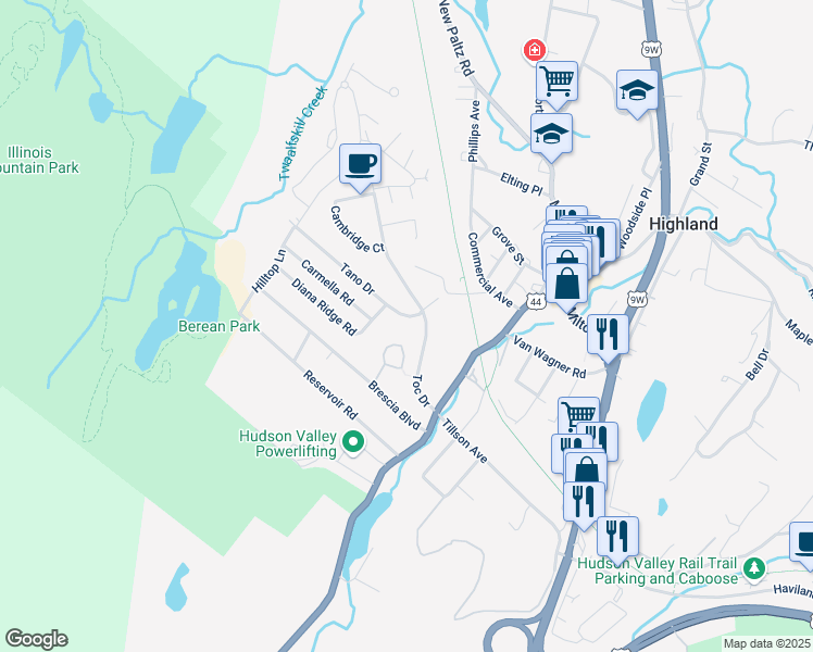 map of restaurants, bars, coffee shops, grocery stores, and more near 1 Tano Dr in Highland