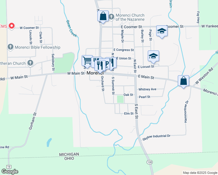 map of restaurants, bars, coffee shops, grocery stores, and more near 115 W Lagrange St in Morenci