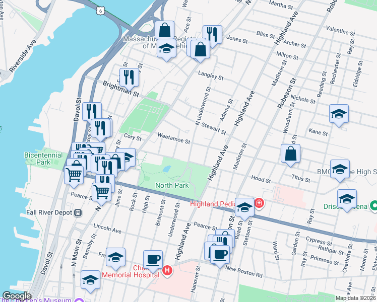 map of restaurants, bars, coffee shops, grocery stores, and more near 376 North Underwood Street in Fall River