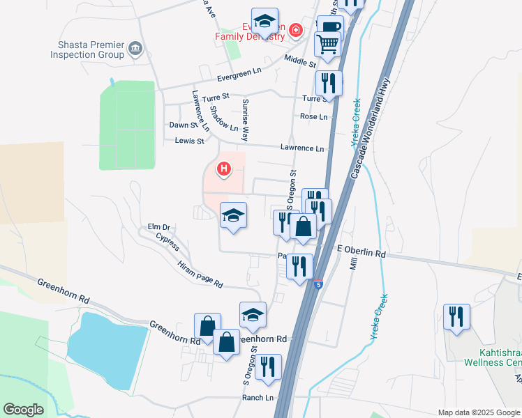 map of restaurants, bars, coffee shops, grocery stores, and more near 303 Bruce Street in Yreka