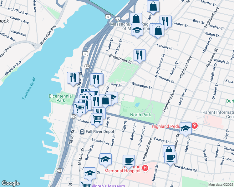 map of restaurants, bars, coffee shops, grocery stores, and more near 35 Hood Street in Fall River
