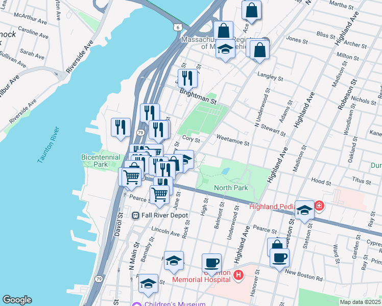 map of restaurants, bars, coffee shops, grocery stores, and more near 35 Hood Street in Fall River