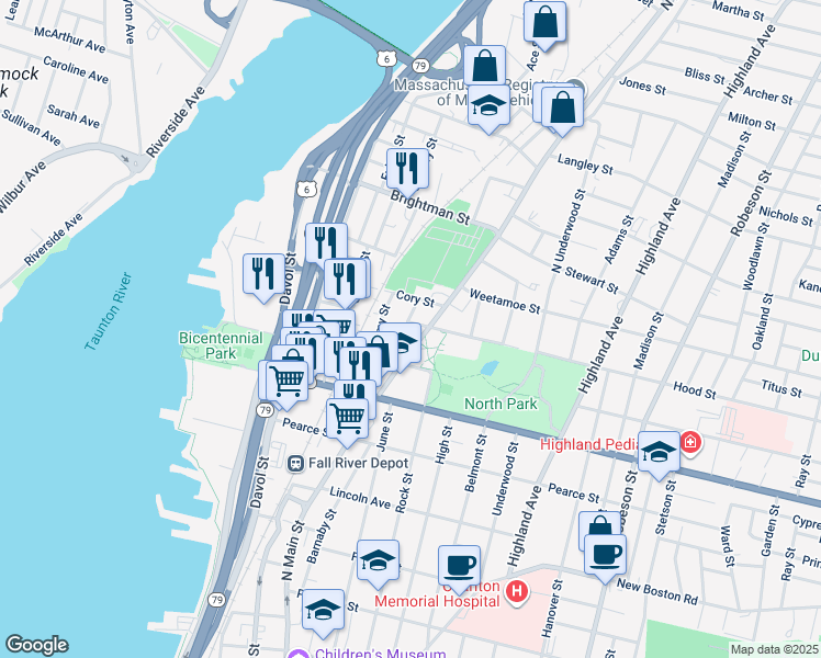 map of restaurants, bars, coffee shops, grocery stores, and more near 35 Hood Street in Fall River