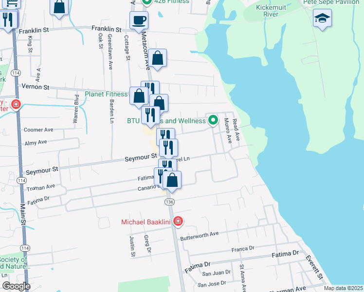 map of restaurants, bars, coffee shops, grocery stores, and more near 36 3rd Street in Warren
