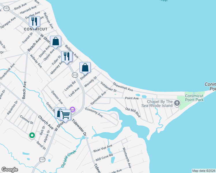map of restaurants, bars, coffee shops, grocery stores, and more near 33 Symonds Avenue in Warwick