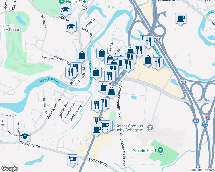 map of restaurants, bars, coffee shops, grocery stores, and more near 53 Tillinghast Avenue in Warwick