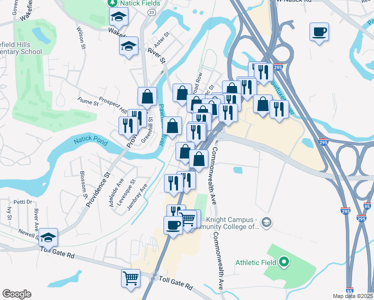 map of restaurants, bars, coffee shops, grocery stores, and more near 53 Tillinghast Avenue in Warwick