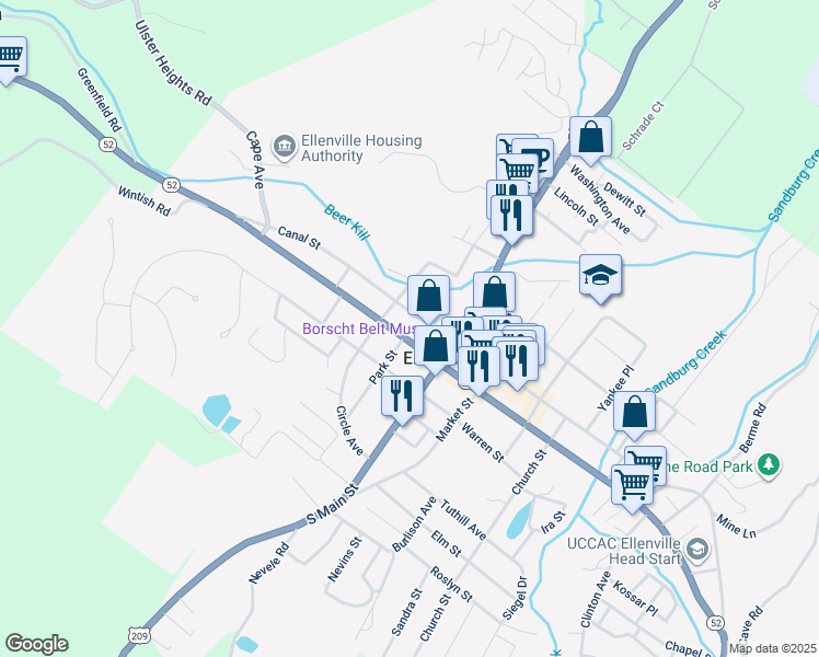 map of restaurants, bars, coffee shops, grocery stores, and more near 40 Center Street in Ellenville