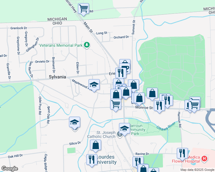 map of restaurants, bars, coffee shops, grocery stores, and more near 6727 Roosevelt Drive in Sylvania