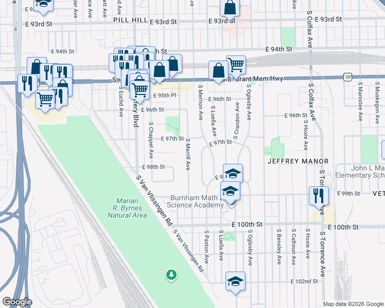 map of restaurants, bars, coffee shops, grocery stores, and more near 9722 South Merrion Avenue in Chicago