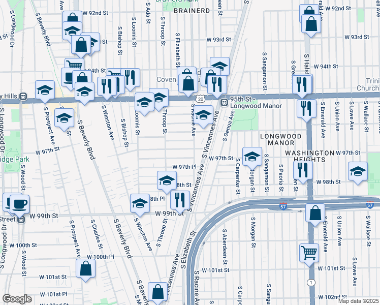 map of restaurants, bars, coffee shops, grocery stores, and more near 9714 South Vincennes Avenue in Chicago