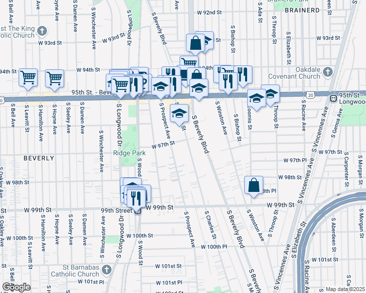 map of restaurants, bars, coffee shops, grocery stores, and more near 9708 South Charles Street in Chicago