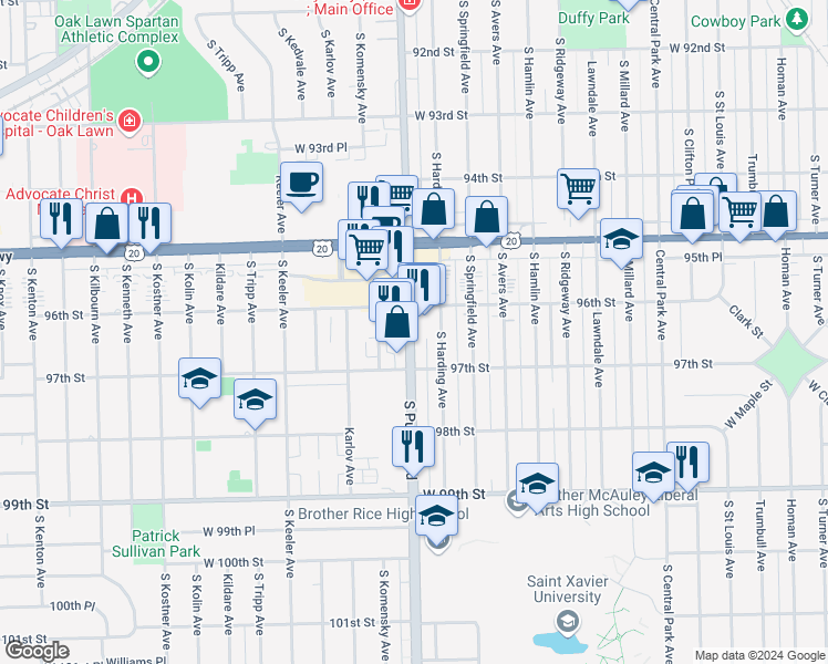 map of restaurants, bars, coffee shops, grocery stores, and more near 9620 South Pulaski Road in Oak Lawn