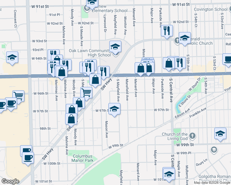 map of restaurants, bars, coffee shops, grocery stores, and more near 9600 Mayfield Avenue in Oak Lawn
