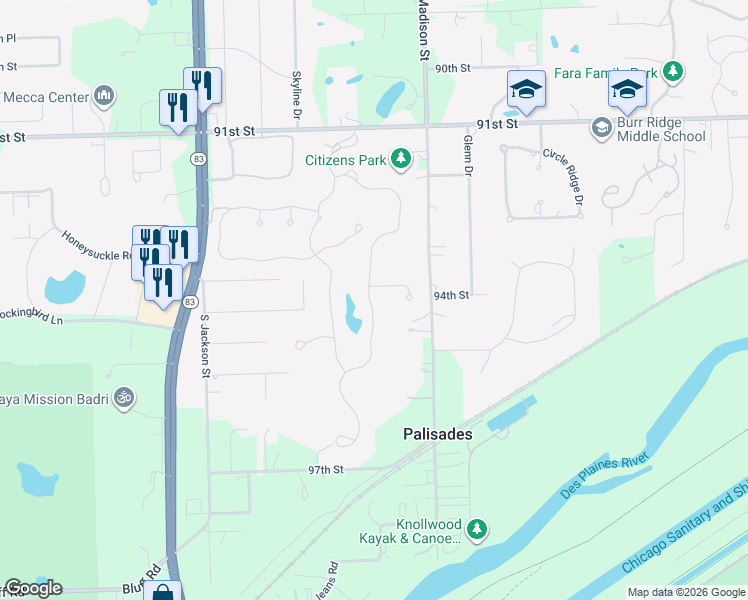 map of restaurants, bars, coffee shops, grocery stores, and more near 9427 Falling Waters Drive West in Burr Ridge
