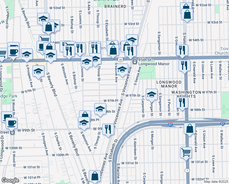 map of restaurants, bars, coffee shops, grocery stores, and more near 9714 South Vincennes Avenue in Chicago