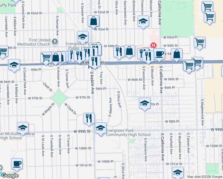 map of restaurants, bars, coffee shops, grocery stores, and more near 9617 South Albany Avenue in Evergreen Park