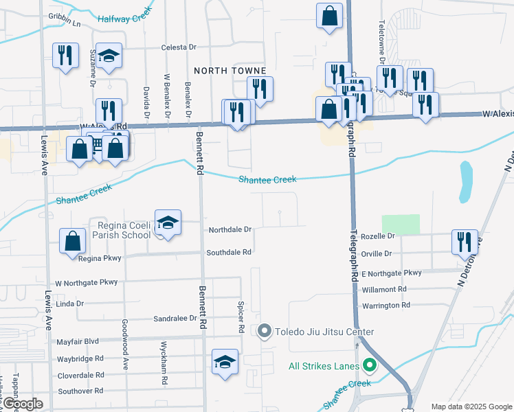map of restaurants, bars, coffee shops, grocery stores, and more near 5549 Silverdale Dr in Toledo