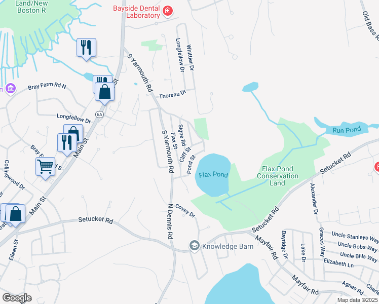 map of restaurants, bars, coffee shops, grocery stores, and more near 32 Cliff Street in Dennis